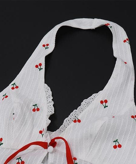 Sweet Cherry Halter Crop Top - Coquette Bow & Ruffle Trim for Y2K & Vacation Style