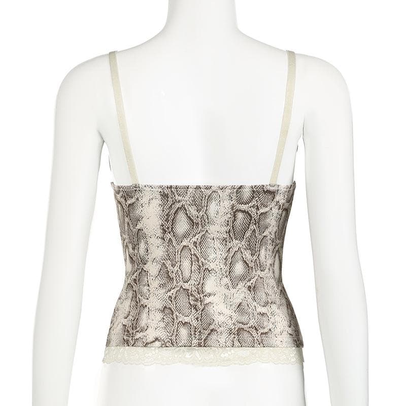 Effortless Chic: Snake Print V-Neck Lace Trim Cami Top - Fall Style Essential