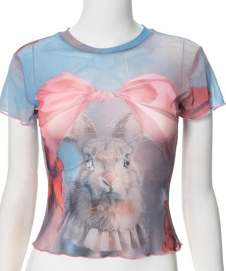 Whimsical Bunny & Pink Bow Mesh Top - Trendy Y2K Fall Style