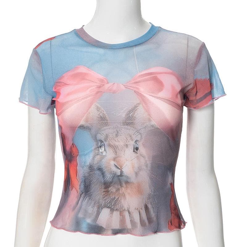 Whimsical Bunny & Pink Bow Mesh Top - Trendy Y2K Fall Style