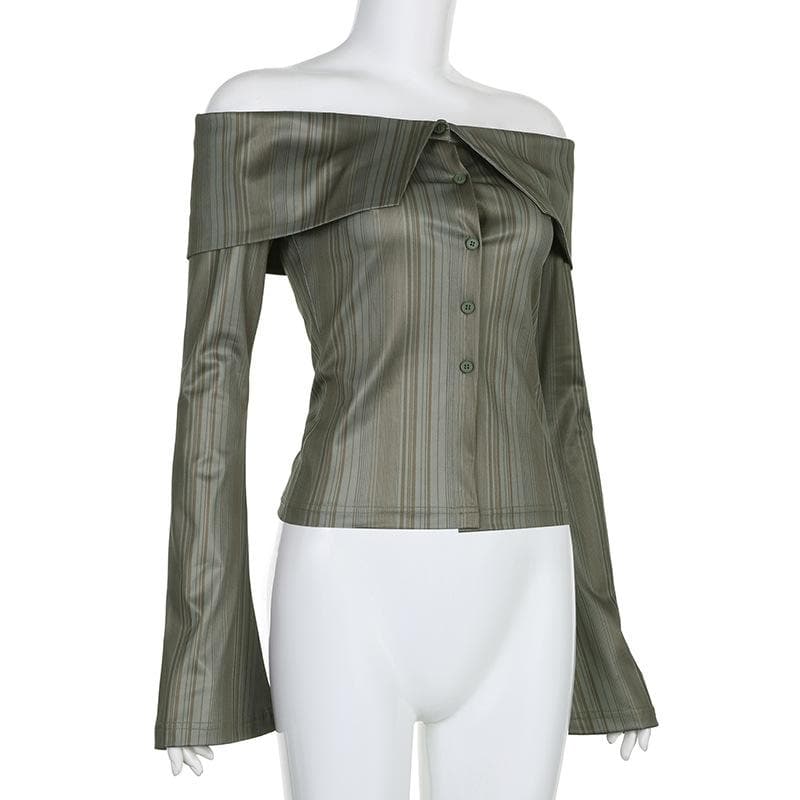 Elevated Fall Chic: Striped Off-Shoulder Button-Front Bell Sleeve Top