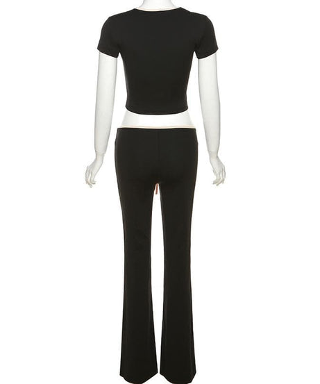 Fall Comfort & Style: Y2K Contrast Tie Crop Top & Flare Pant Lounge Set for Women