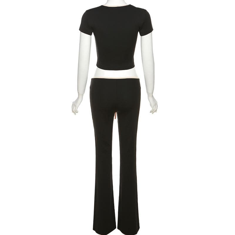 Fall Comfort & Style: Y2K Contrast Tie Crop Top & Flare Pant Lounge Set for Women