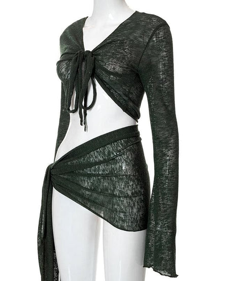 Sultry Sage Sheer Knit Two-Piece Set | Tie-Front Crop Top & Ruched Mini Skirt for Daring Fall Nights