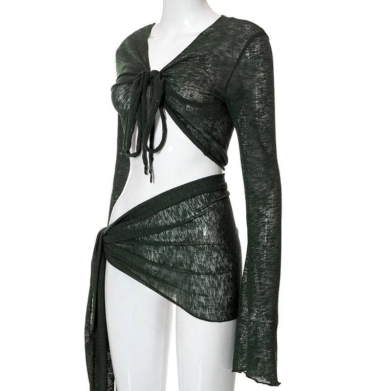 Sultry Sage Sheer Knit Two-Piece Set | Tie-Front Crop Top & Ruched Mini Skirt for Daring Fall Nights