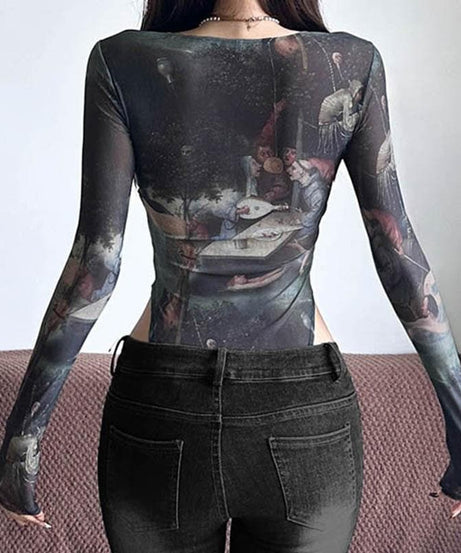Dark Academia Renaissance Art Print Mesh Bodysuit - Long Sleeve Square Neck Top