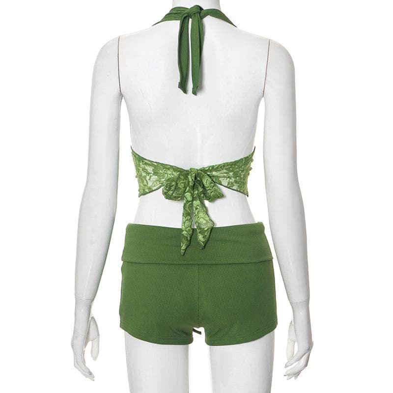 Y2K Dream Pink Ribbed Halter Crop Top & Shorts Lounge Set | Lace Trim