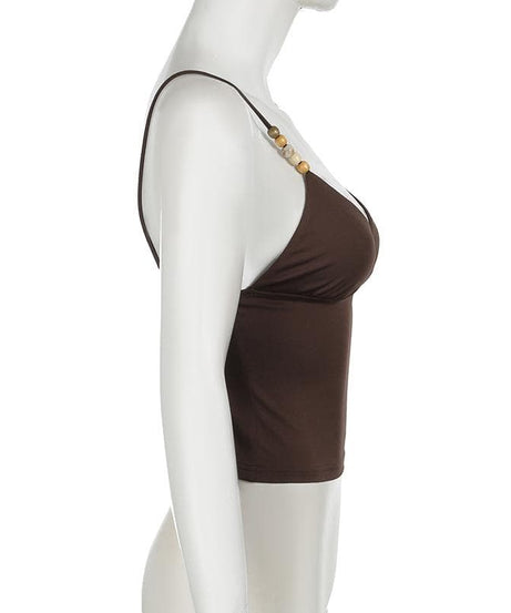 Fall Chic Espresso Cami Top: Pearl & Wood Beaded V-Neck Cropped Tank