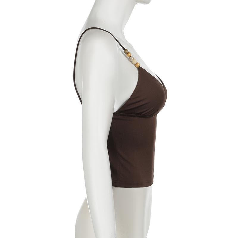 Fall Chic Espresso Cami Top: Pearl & Wood Beaded V-Neck Cropped Tank
