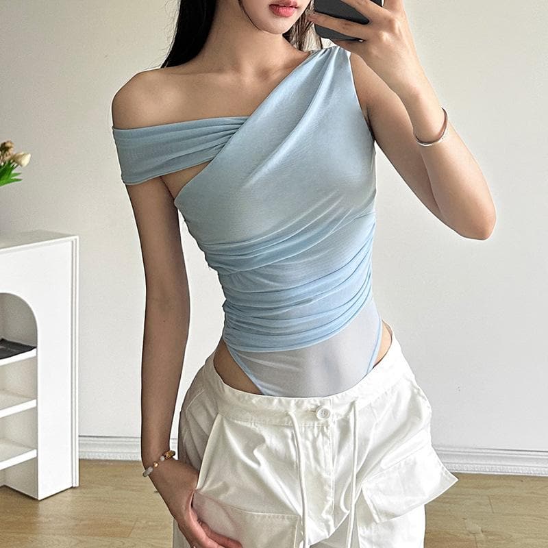 Effortless Chic: Sheer Ruched One-Shoulder Bodysuit - Your Fall Going-Out Essential!