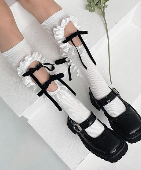 Vintage Chic Ruffled Bow Cut-Out Knee High Socks - Fall & Goth Academia Ready