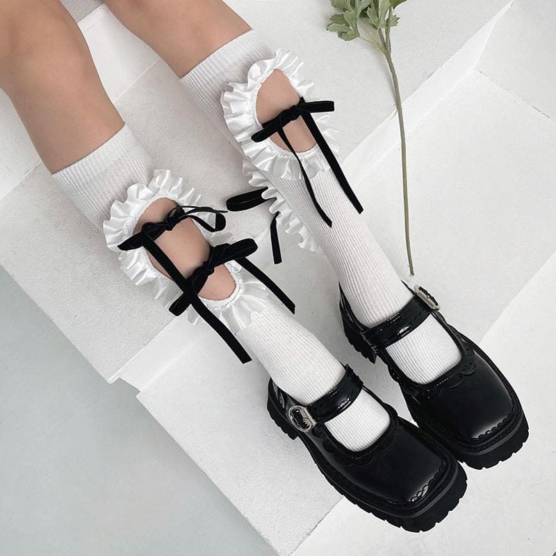 Vintage Chic Ruffled Bow Cut-Out Knee High Socks - Fall & Goth Academia Ready