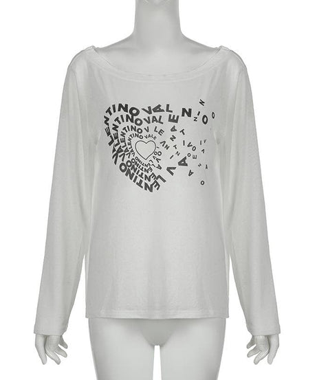Y2K Coquette Sheer Knit Top - Off-Shoulder Graphic Long Sleeve for Fall