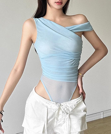 Effortless Chic: Sheer Ruched One-Shoulder Bodysuit - Your Fall Going-Out Essential!