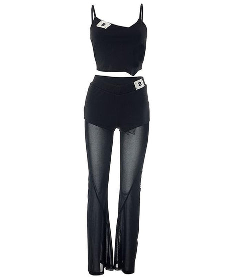 Spooky Season Stunner: 'B' Detail Mesh Flare Cami & Pant Set - Edgy Night Out Look