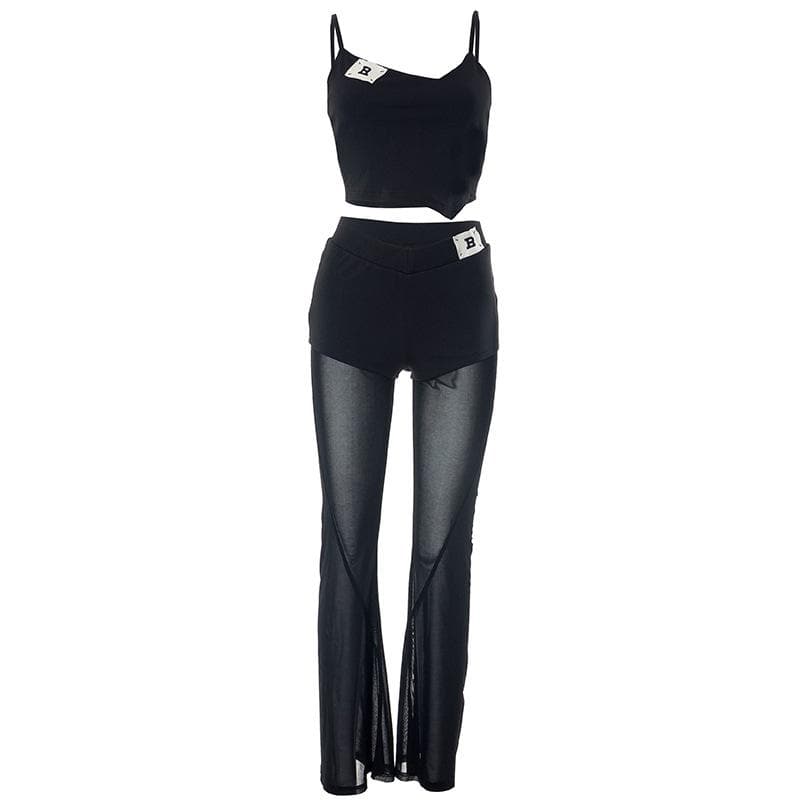 Spooky Season Stunner: 'B' Detail Mesh Flare Cami & Pant Set - Edgy Night Out Look