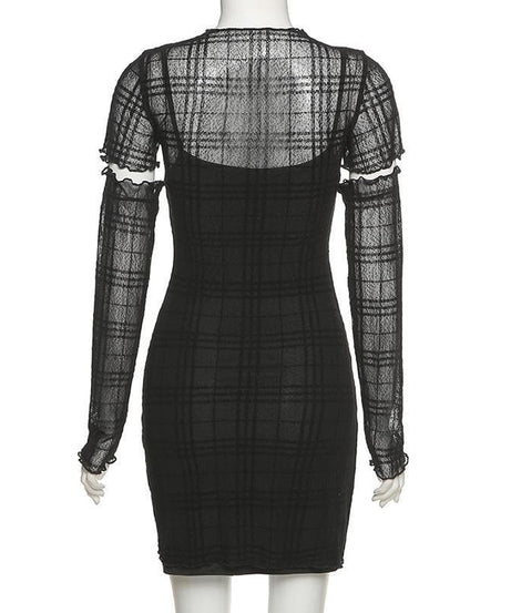 Spooky Chic Plaid Mesh Ruffled Mini Dress & Fingerless Gloves Set – Fall Party & Halloween Ready!