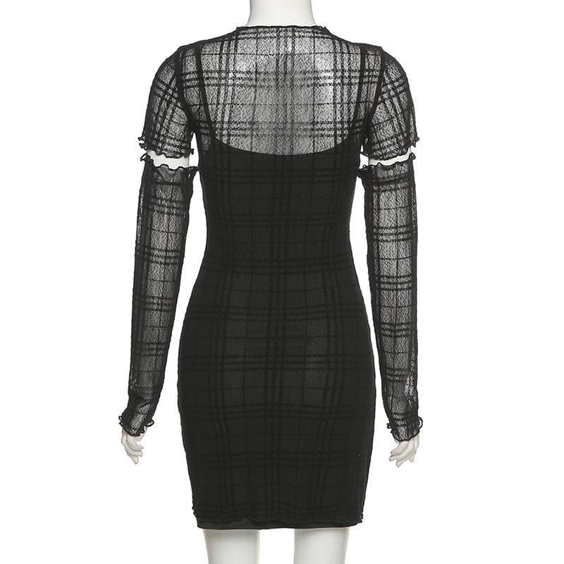 Spooky Chic Plaid Mesh Ruffled Mini Dress & Fingerless Gloves Set – Fall Party & Halloween Ready!