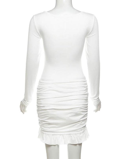 Autumn Glam: Chic White Long Sleeve Ruched Mini Dress - Knot Front & Ruffle Details