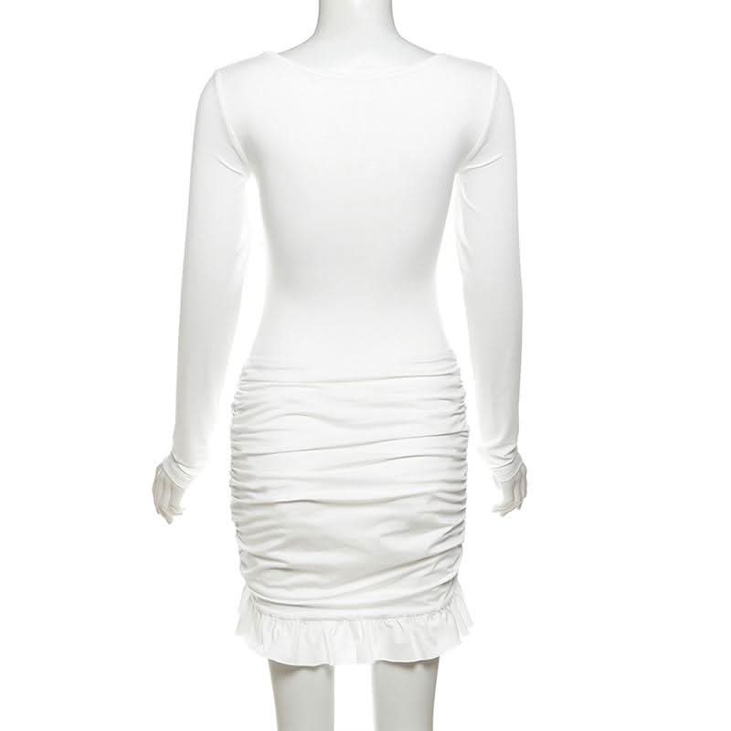Autumn Glam: Chic White Long Sleeve Ruched Mini Dress - Knot Front & Ruffle Details
