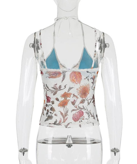 Y2K Romantic Floral Mesh Halter Top with Lace Trim - Autumn Bloom Sheer Cami