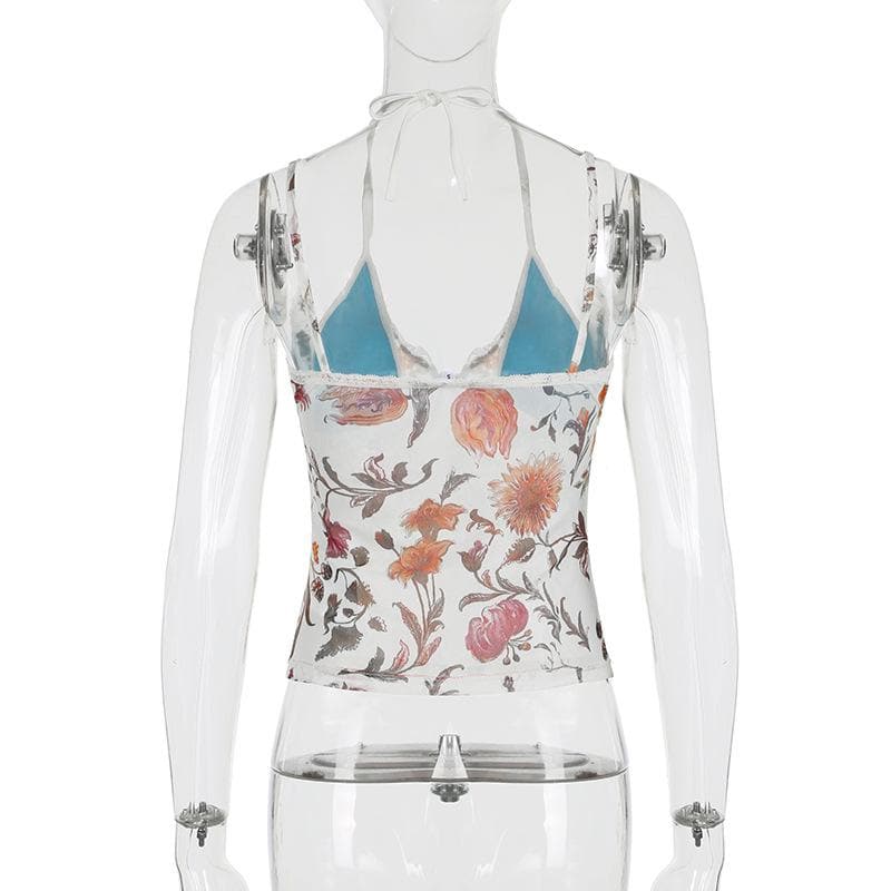 Y2K Romantic Floral Mesh Halter Top with Lace Trim - Autumn Bloom Sheer Cami