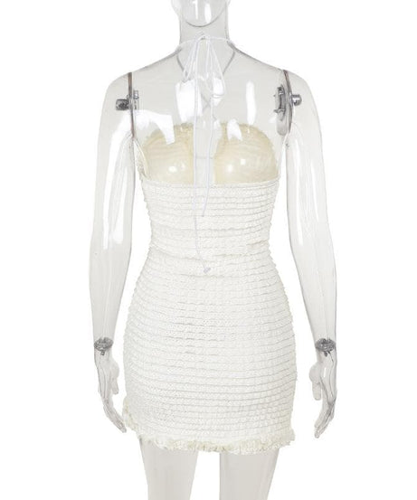 Chic White Ruffle Halter Mini Dress – Textured Bodycon for Fall Getaways & Parties