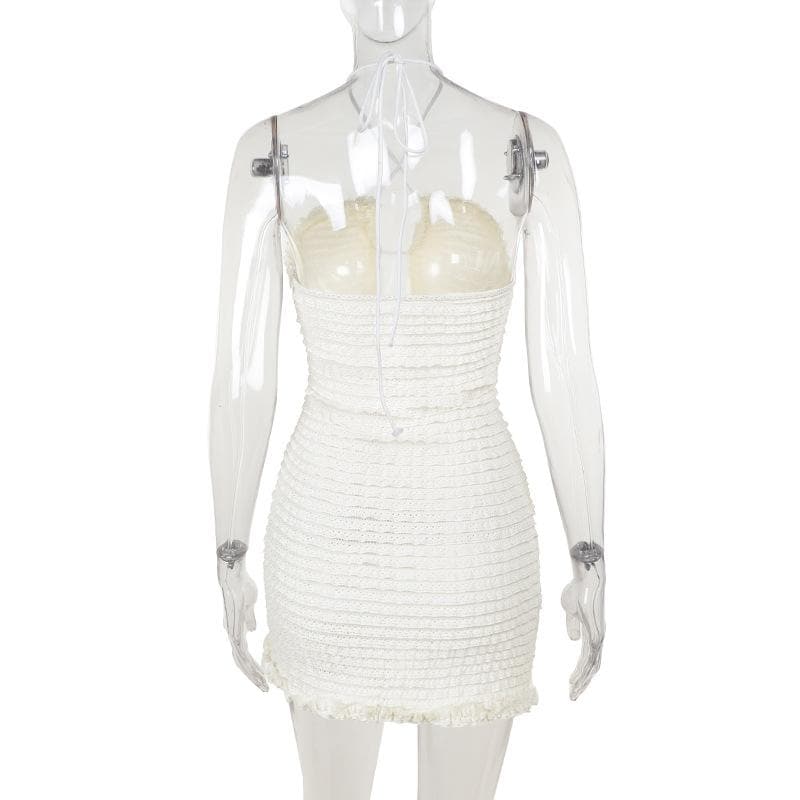 Chic White Ruffle Halter Mini Dress – Textured Bodycon for Fall Getaways & Parties