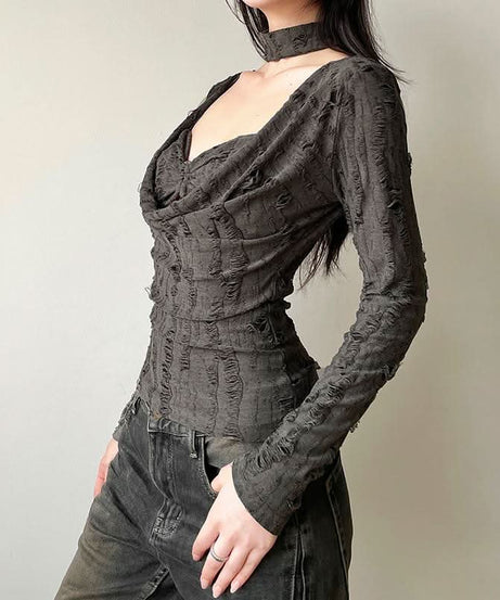 Edgy Distressed Cowl Neck Long Sleeve Top & Choker Set - Grunge & Y2K Fall Fashion for Women