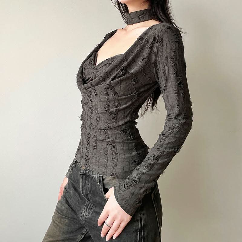 Edgy Distressed Cowl Neck Long Sleeve Top & Choker Set - Grunge & Y2K Fall Fashion for Women