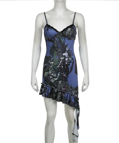 Mystic Bloom Dark Fantasy Slip Dress - Lace Trim Cami Mini for Edgy Fall Nights & Halloween