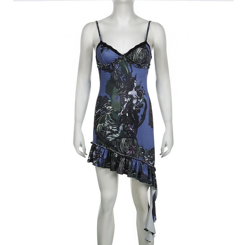 Mystic Bloom Dark Fantasy Slip Dress - Lace Trim Cami Mini for Edgy Fall Nights & Halloween