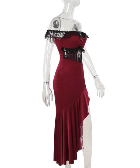 Sultry Red Velvet Off-Shoulder Lace Maxi Gown | High Slit Evening & Holiday Party Dress