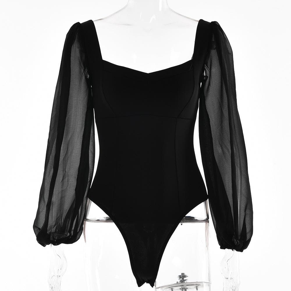 Effortless Elegance: Backless Sweetheart Bodysuit with Sheer Puff Sleeves | Fall & Holiday Chic
