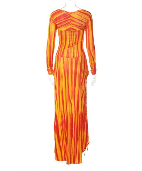 Vibrant Sunset Stripe Long Sleeve Maxi Dress - Fall Statement Style