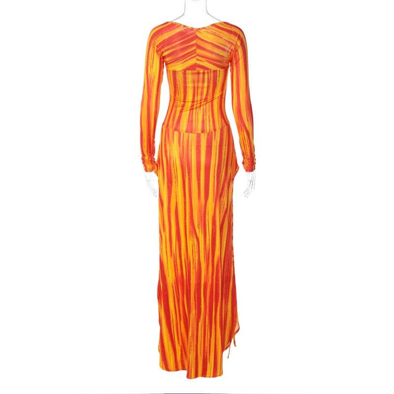 Vibrant Sunset Stripe Long Sleeve Maxi Dress - Fall Statement Style