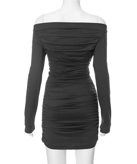 Fall Party Ready: Ruched Off-Shoulder Long Sleeve Bodycon Mini Dress - Charcoal Chic