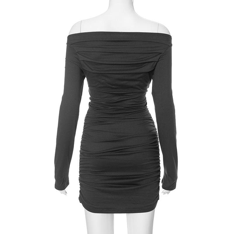 Fall Party Ready: Ruched Off-Shoulder Long Sleeve Bodycon Mini Dress - Charcoal Chic