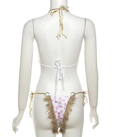 Wild Bloom Fluffy Halter Bikini & Lingerie Set - O-Ring Floral, Festival & Halloween Ready