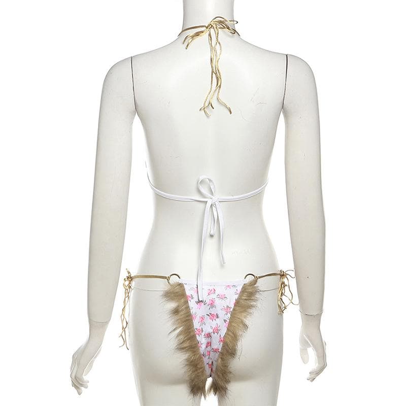 Wild Bloom Fluffy Halter Bikini & Lingerie Set - O-Ring Floral, Festival & Halloween Ready