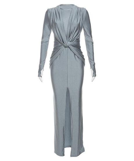 Autumn Allure: Chic Ruched Knotted Maxi Dress with Slit – Long Sleeve Fall Elegance