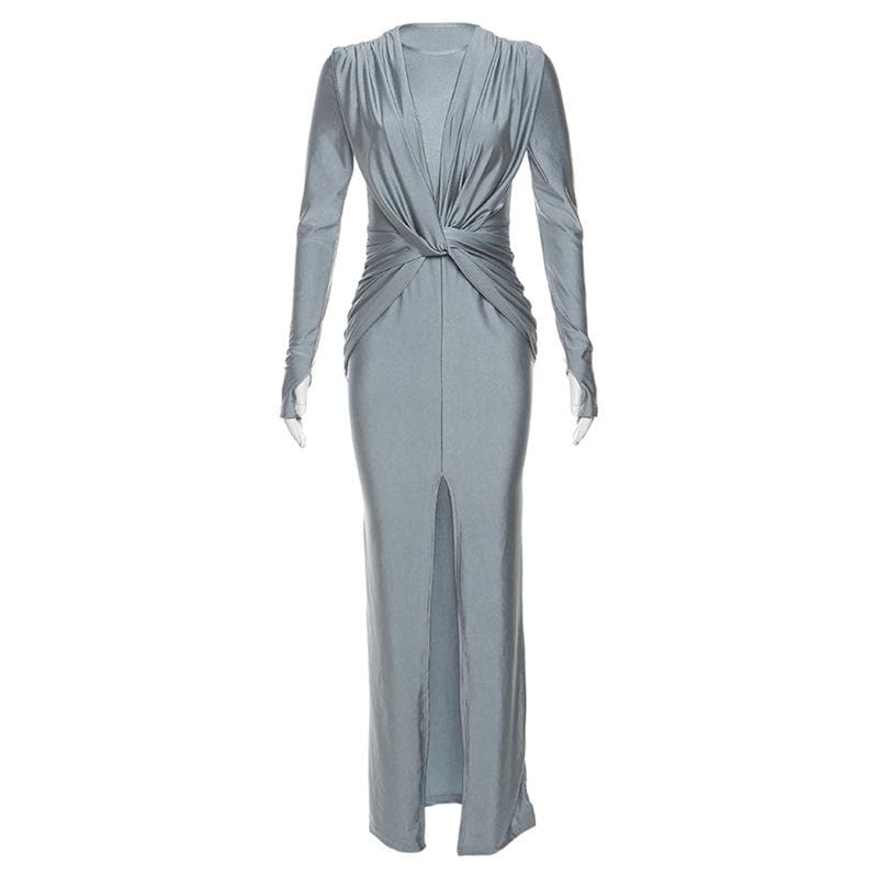 Autumn Allure: Chic Ruched Knotted Maxi Dress with Slit – Long Sleeve Fall Elegance