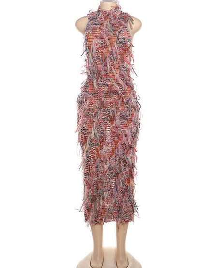 Showstopping Fringe Midi Dress – Vibrant Textured Style for Fall & Holiday Parties