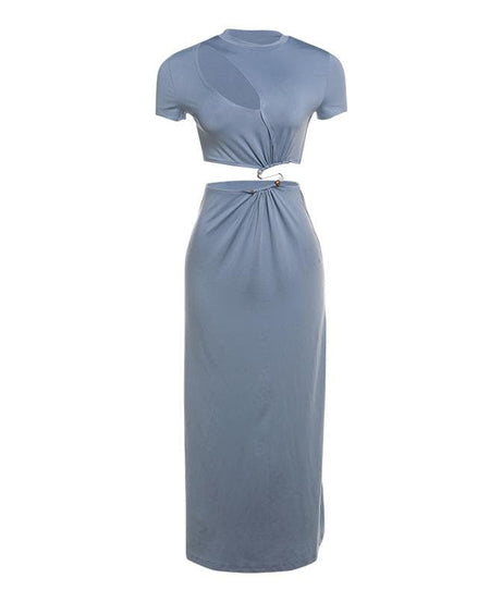 Effortless Fall Style: Modern Cutout Crop Top & Maxi Skirt Set with Ring Detail