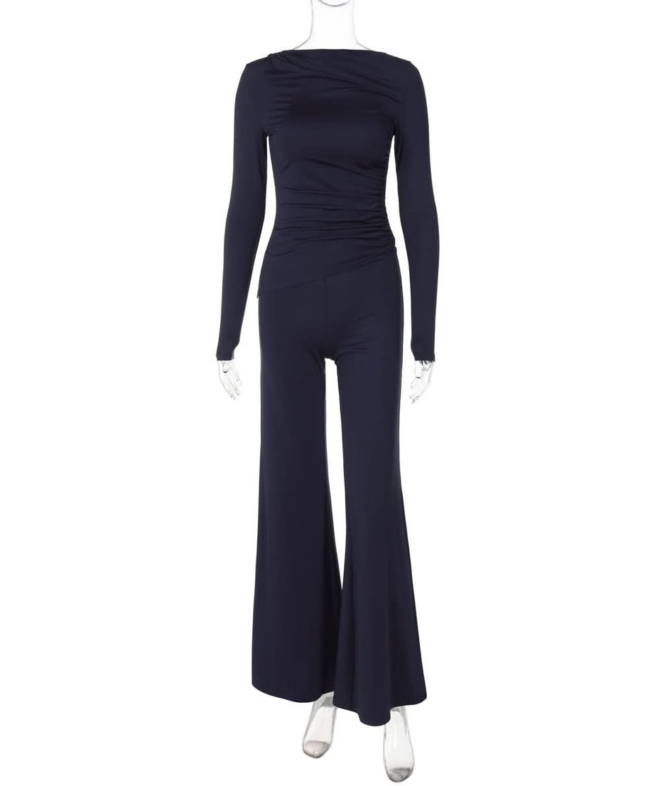 Effortless Fall Chic: Ruched Long Sleeve Top & Wide-Leg Pant Set | Cozy Elevated Loungewear
