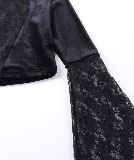 Midnight Enchantress Velvet & Lace Crop Top | High Neck Bell Sleeve Blouse for Fall & Halloween