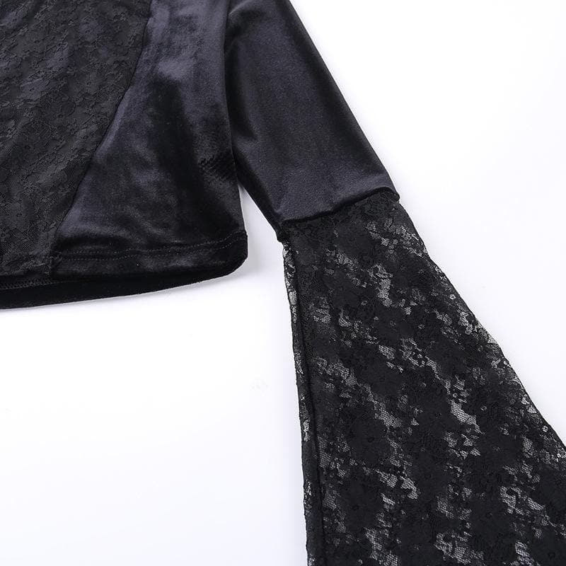 Midnight Enchantress Velvet & Lace Crop Top | High Neck Bell Sleeve Blouse for Fall & Halloween