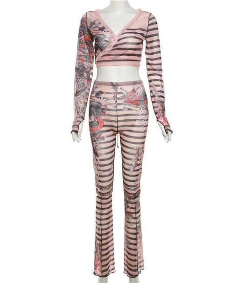 Unleash Your Inner Dragon: Y2K Tattoo Mesh Wrap Top & Flare Pants Set - Fall & Halloween Statement