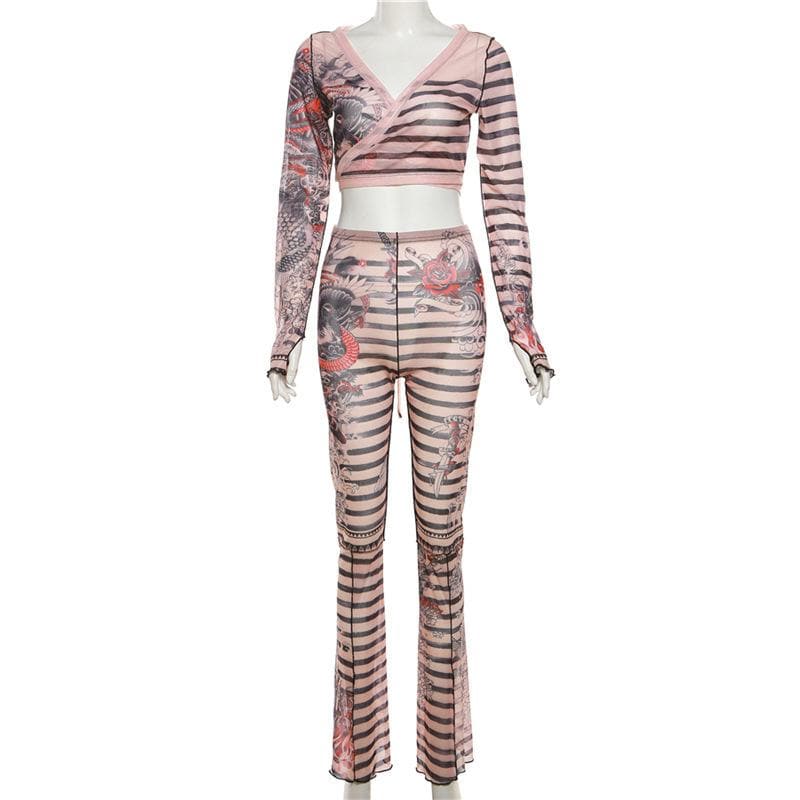Unleash Your Inner Dragon: Y2K Tattoo Mesh Wrap Top & Flare Pants Set - Fall & Halloween Statement