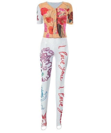 Love Blooms Fall Set: Women's Floral Sheer Top & 'I Love You' Graphic Stirrup Leggings